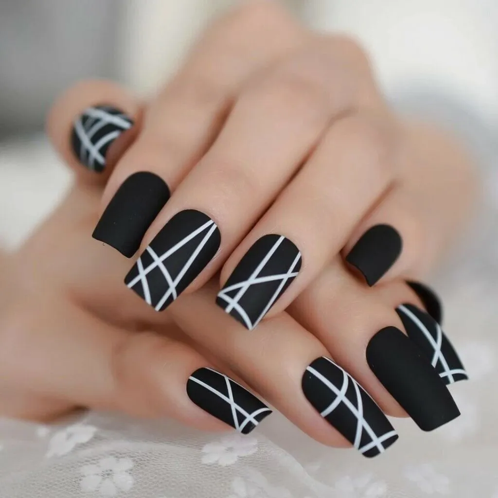 Square Nail With Matte Black Pattern