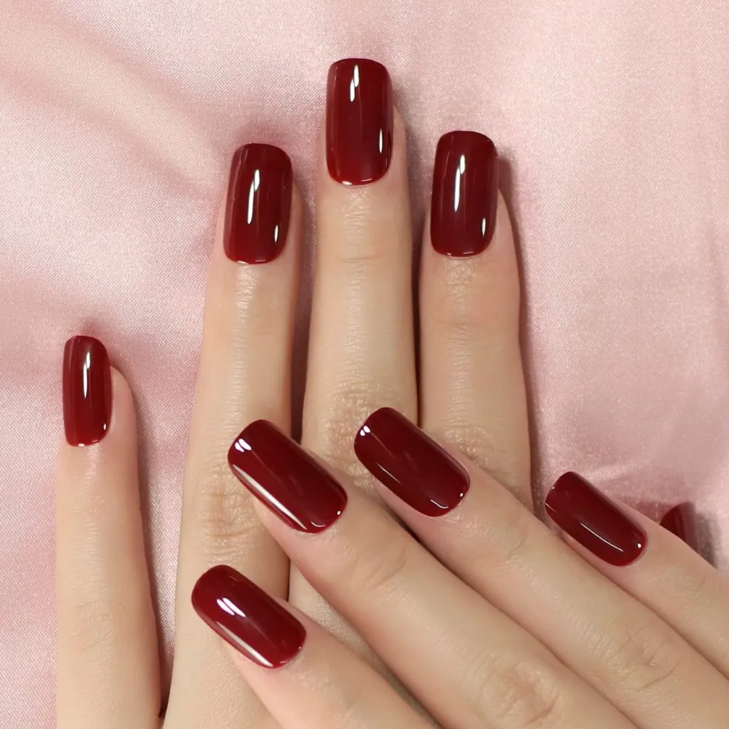 Square Nail With Wine Red Color